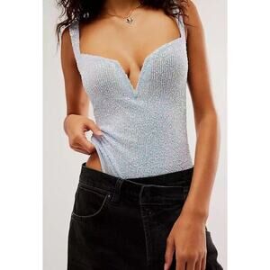 INTIMATELY FREE PEOPLE Sparks Fly Iridescent Light Baby Blue Sequin Bodysuit XS